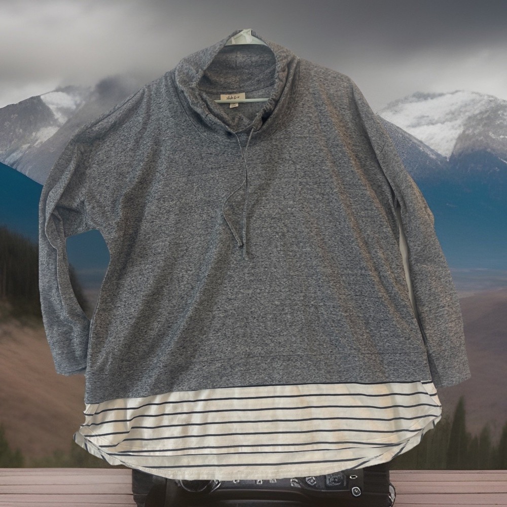 Style & Co Women XXL  Remix Lounge Long Sleeve Blouse Grey Black Cowl‎ Neck LONG